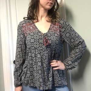 Boho Embroidered Tassel Blouse